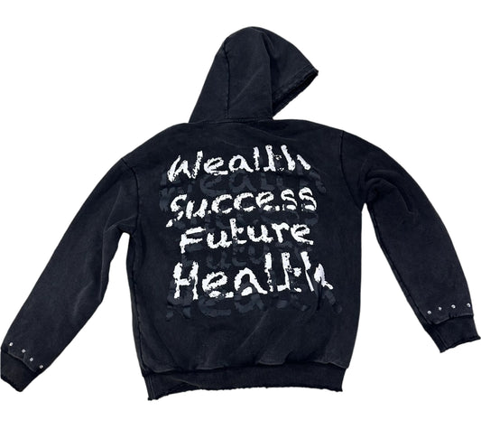 ''takeinprosperity'' BLACK ACID WASH, RHINESTONE HOODIE